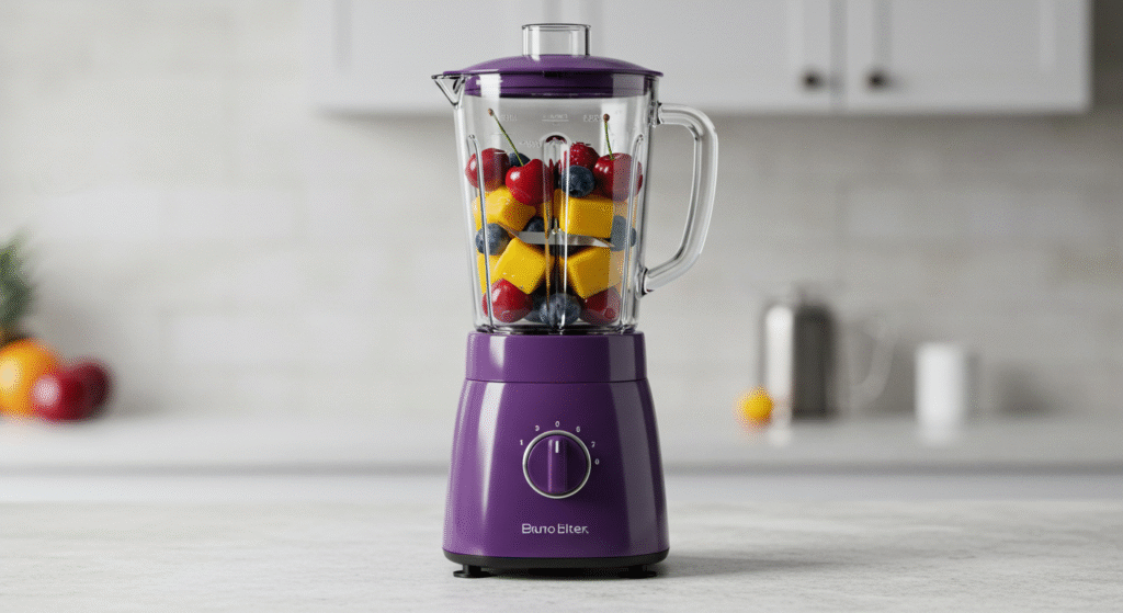 Licuadora morado en una cocina.
