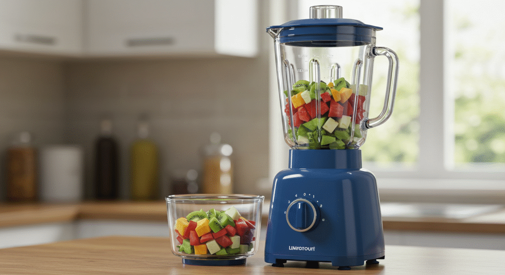 Licuadora azul en una cocina