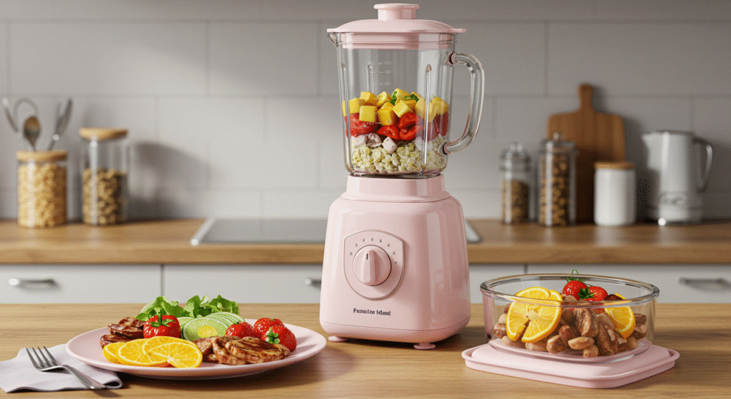 Licuadora rosa en una cocina.