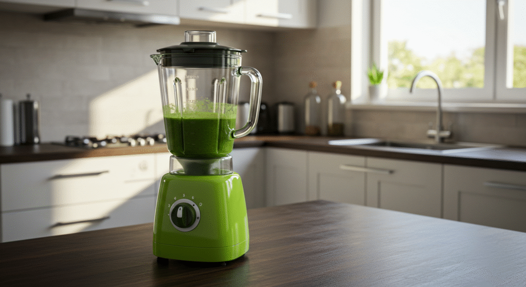 Licuadora verde en una cocina.